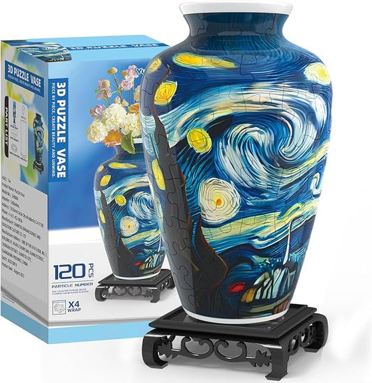 3D Puzzles Vase for Adults, Crafts for Adults, 120 Pieces Plastic DIY Unique Flower Vase with LED Light House Warming Gift Birthday Gifts for Flower Arrangements and Home Decor (Blue)