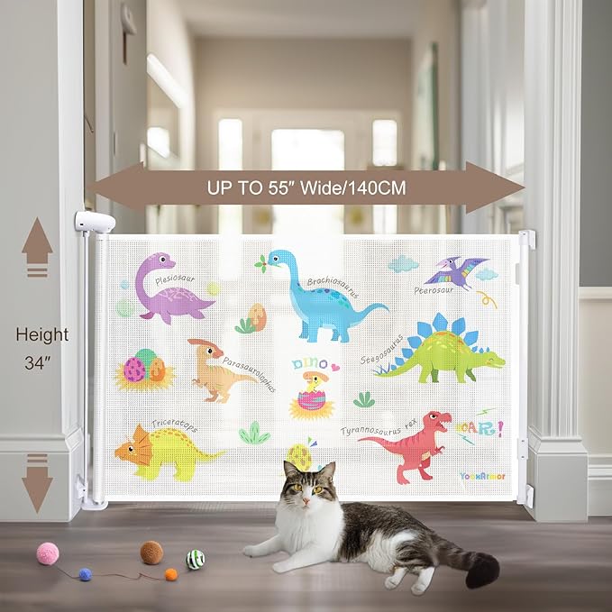 Retractable Baby Gate for Doorways and Stairs, Mesh Safety Gate for Pet, Indoor & Outdoor Use, One-Hand Operation, Easy Installation, 34" Tall, Expands to 55" Wide (Dinosaurs, 34"x55")