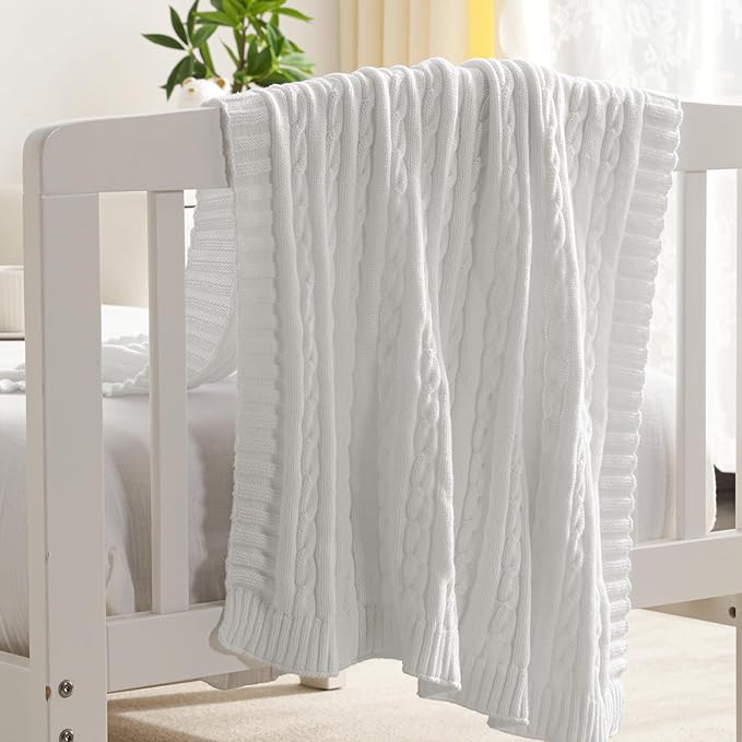 NTBAY 100% Pure Cotton Cable Knit Toddler Blanket, Super Soft Warm Breathable 30x40 Baby Blanket for Crib, Stroller, Nursery, Travel, Newborn, 30x40 Inches, White