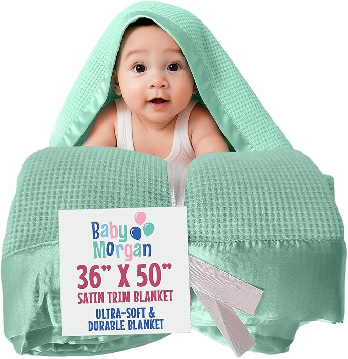 Blankets - Thermal Waffle Warm Baby Blanket for Crib - Soft and Cozy Baby Crib Blanket for Nursery, Stroller, or Naptime Comfort - Ideal Shower Gift - Mint Green, Satin Trim (36" x 50")
