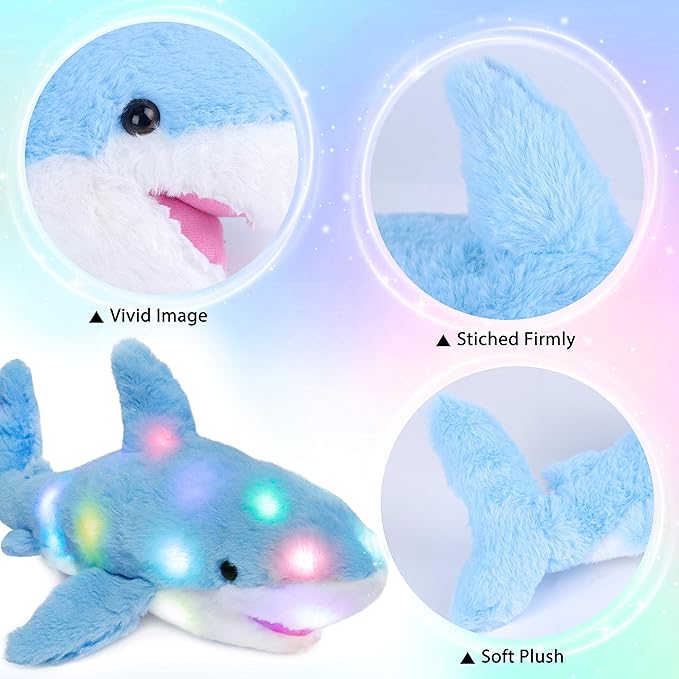 Hopearl LED Plush Shark Lighting Up Stuffed Animal Floppy Night Lights Glow in The Dark Birthday Festival for Kids Toddler Girls, Blue, 16''