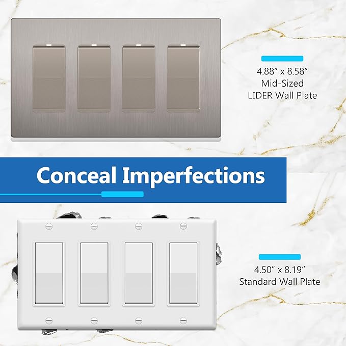 LIDER Brushed Finish Decorator Switch Cover, Screwless Wall Plate, Mid-Size 4-Gang 4.88" x 8.58", Unbreakable Polycarbonate Thermoplastic, UL Listed, LSWP-34M-BNK, Brushed Nickel