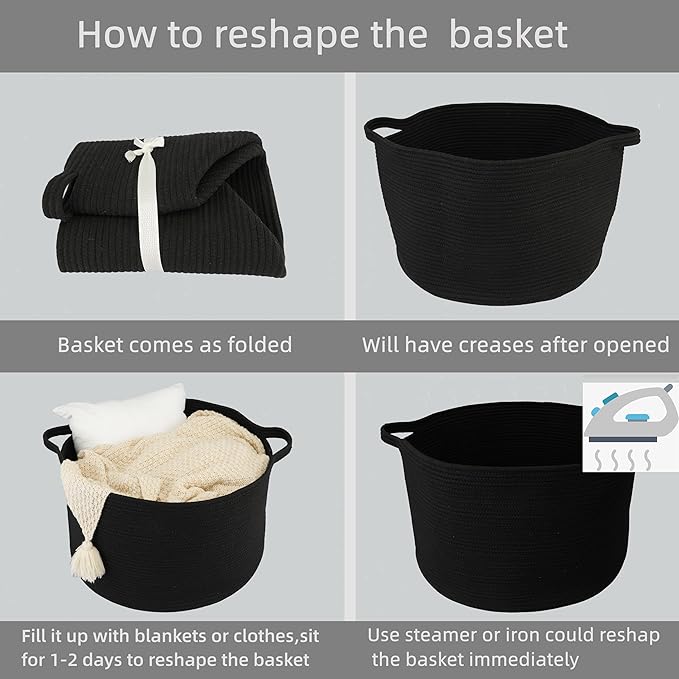 Large Cotton Rope Basket Blankets Basket Living Room 22"x14" Toy Baskets for Kids and Dogs Rope Storage Baskets for Nursery Woven Laundry Baskets for Clothes Towels round black