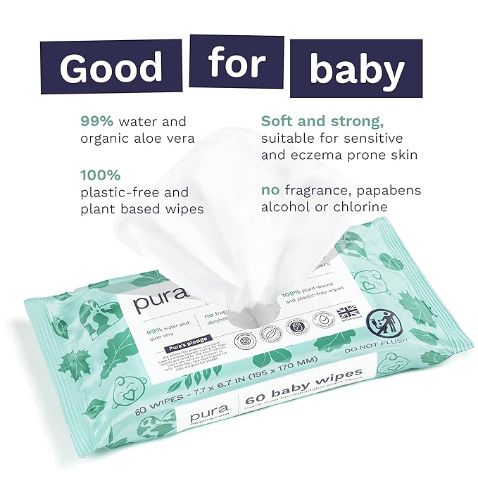 Pura Baby Wipes, 180 Count, Plastic-Free | Sensitive Skin | 99% Water | Fragrance Free | Plant Based