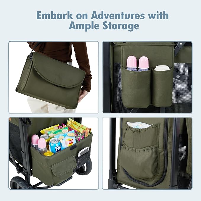 Wagon Stroller for 2 Kids, High Seat & 5 Point Harness, Foldable All-Terrain Wagon for Toddler with Canopy, Parent Organizer, Shoulder Bag, Adjustable Handlebar, Ultimate Double (Green)