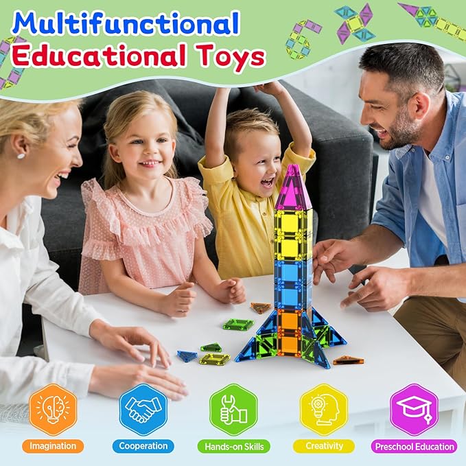 50PCS Mini Magnetic Tiles Travel Toys for Kids Ages 3+, Portable STEM Magnetic Blocks with Storage Tin, Montessori Educational Sensory Toy, Gifts for Boys & Girls, Airplane Car Travel Toys