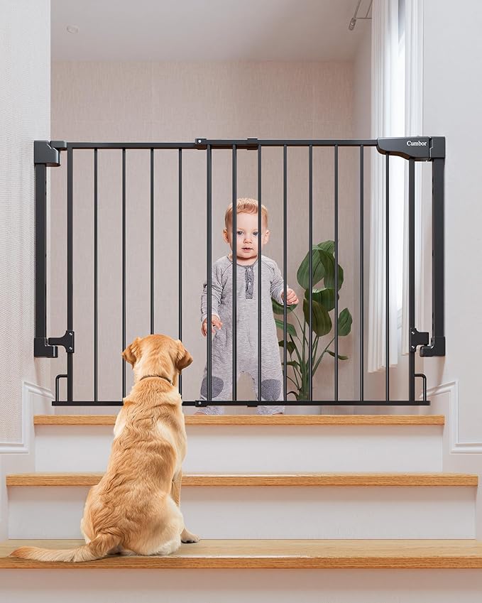 Cumbor 29.2–43" Baby Gate for Stairs, Wall-Mounted (Drill Required), Expandable No Bottom Bar Dog Gate, Auto Close Extra Wide Walk Thru, Pet & Toddler Proof Gate, Top & Bottom of Stairways(Black)