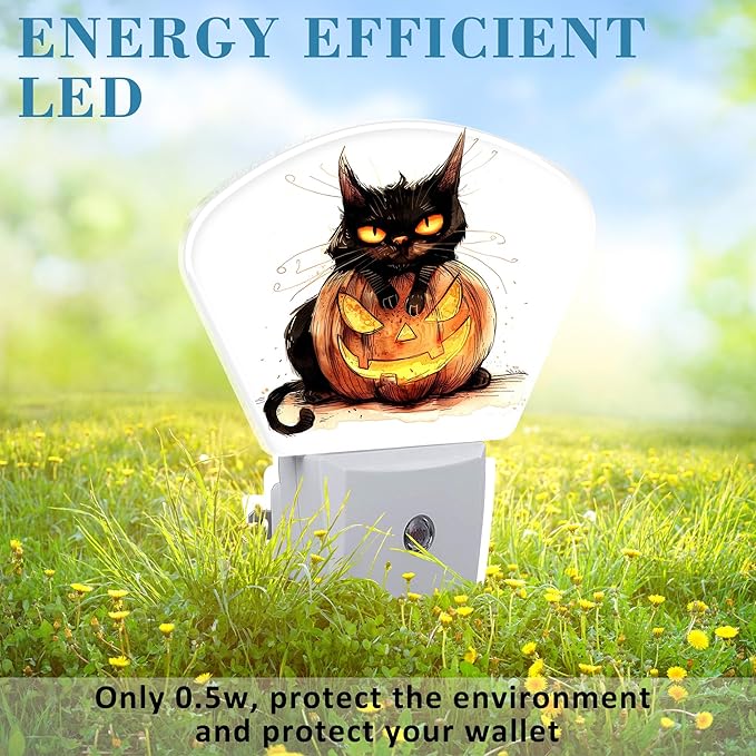 Halloween Black Cat Night Light for Kids, Halloween Pumpkin LED Night Light Plug into Wall with Dusk to Dawn Sensor for Girls Boys Women Men Bedroom, Hallway, Kitchen, Bathroom, Stairs Decor