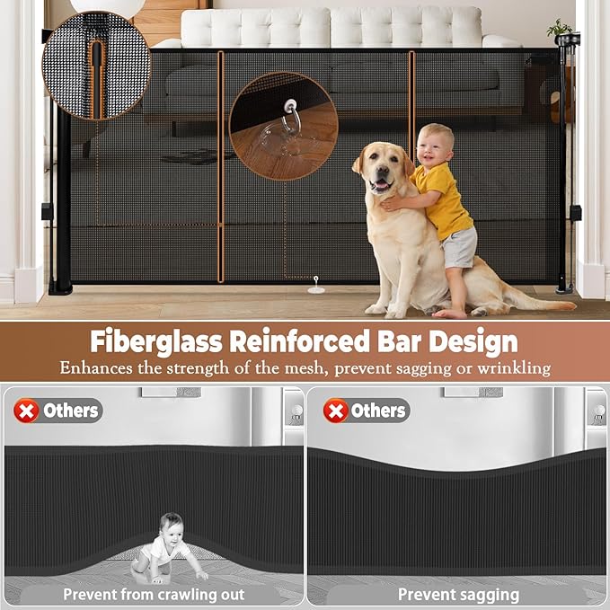 55" Retractable Baby Gate Extra Wide, 41" Tall Retractable Dog Gate for Stairs, Doorways, Decks, Mesh Gate Long Child Gate Pet Gate for Indoor, Outdoor, with Reinforced Mesh Rods, Dual Locks