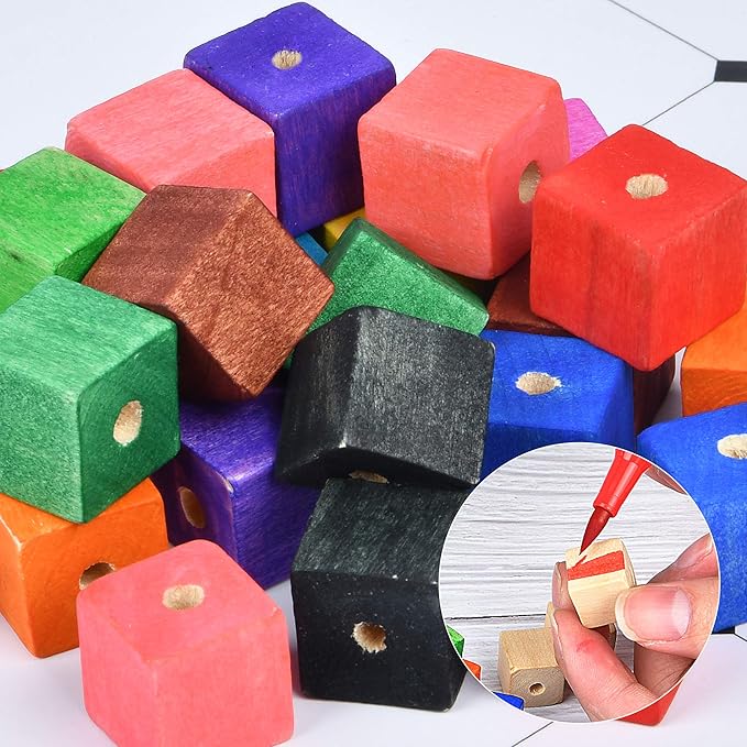 Supkiir Wood Craft Cubes - 100 Pack 1/2" Cubes with Holes, Unfinished Solid Beads Blocks for DIY Projects
