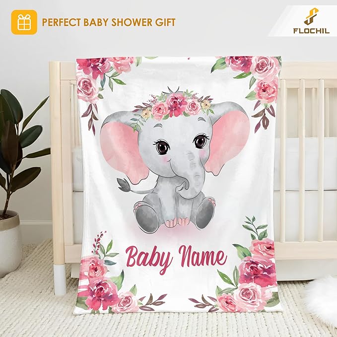 FLOCHIL Personalized Baby Blanket - Custom Baby Blanket with Name for Girls, Newborn Elephants Plush Fleece (30x40)