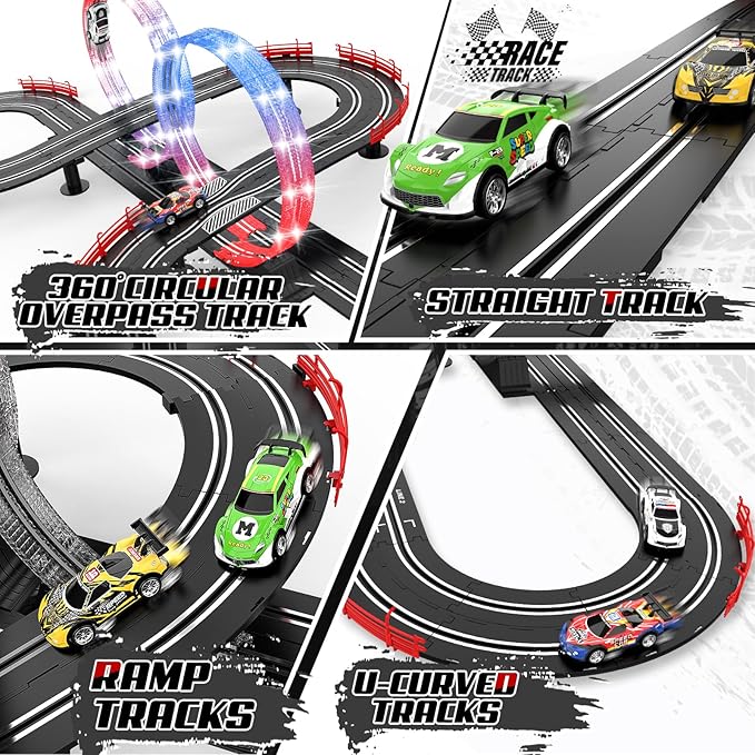 3 IN 1 Slot Car Race Track Sets with 4 High Speed Slot Cars, Electric Race Car Track Include Circular Overpass Flash Tracks, 1:43 Remote Control Track Car Game Toys Gifts for Adults Boys Ages 6 7 8-12