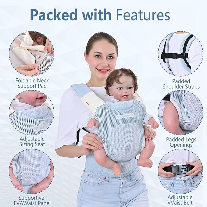 Baby Carrier Newborn to Toddler, Lightweight Baby Wrap Carrier, Carrier for 7-33 lbs, Easy Adjustable, Soft Breathable Baby Carrier, Blue