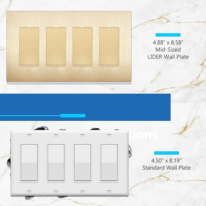 LIDER Brushed Finish Decorator Switch Cover, Screwless Wall Plate, Mid-Size 4-Gang 4.88" x 8.58", Unbreakable Polycarbonate Thermoplastic, UL Listed, LSWP-34M-BGD, Brushed Gold