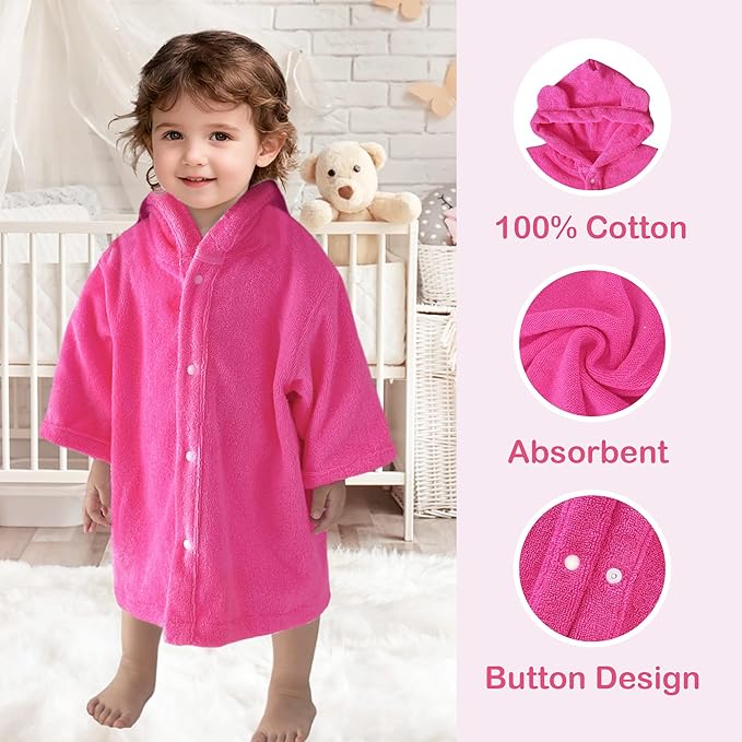 VOOVA & MOVAS Baby Hooded Towel with Bear Ear, 0-3Years | 100% Cotton, Ultra-Soft & Absorbent | Gentle for Sensitive Skin, Bath, Pool & Beach Towel | Newborn (Hot Pink)