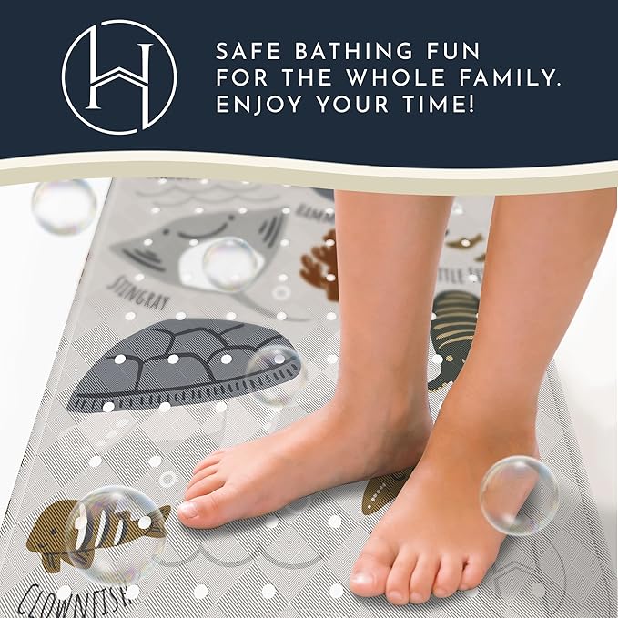 Homerella Baby Bath Tub Mat | Anti Mold Mildew Resistant Non Slip Kids and Adult Bath Tub Shower Mats | 40x16 inch Long with Suction Cups for Secure Grip Hooks for Storage & Drying | Machine Washable