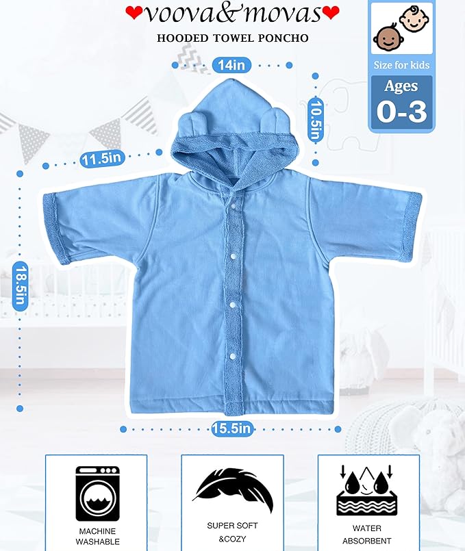 VOOVA & MOVAS Baby Hooded Bath Towel with Bear Ear,0-3Years | Ultra-Absorbent & Skin-Friendly Soft 100% Cotton for Newborns, Infants – Pool, Beach, Bath Time | Perfect, Blue