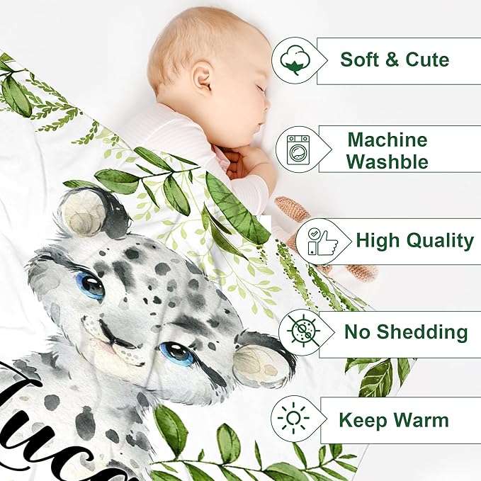 J&SBGFT Personalized Baby Blanket,Custom Naming Baby Receiving Blanket for Toddlers Kids Nursery Stroller Crib Decor Throw,Green Leopard