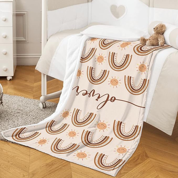 Custom Baby Shower Nursery Blanket, Personalized Blankets with Name, Customized Boho Rainbow Blanket for Girl, Newborn Baby Girls Shower Gifts for Christmas Birthday