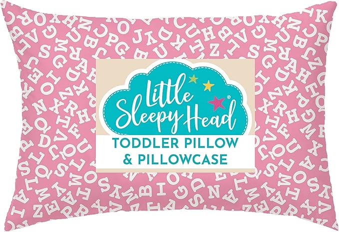 Little Sleepy Head Toddler Pillow with Pillowcase 13x18 - Kids Pillow for Sleeping - Better Neck Support Ergonomic Pillow and Toddler Pillowcase - Best Pillows for Kids (Alphabet Pink)