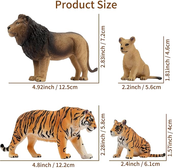 Toymany 8PCS 2-5" Plastic Jungle Animals Figures Playset Includes Baby Animals, Realistic Lion, Tiger, Cheetah, Leopard Figurines with Cubs, Cake Toppers Christmas Birthday Toy Gift for Kids Toddlers