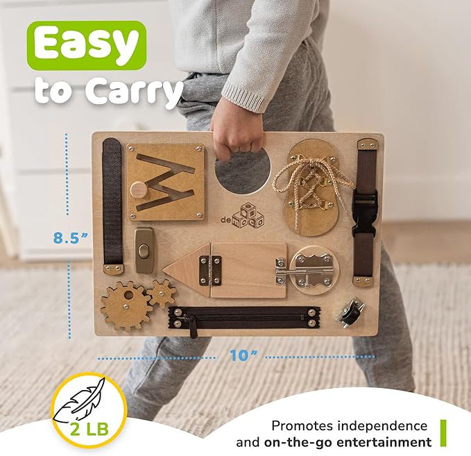 deMoca Sensory Busy Board for Toddlers, Premium Wooden Toddler Busy Board for 1 2 3 Year Old with 10 Educational Activities for Fine Motor Skills, Fidget Activity Toy for Travel Toy (Nature - Large)