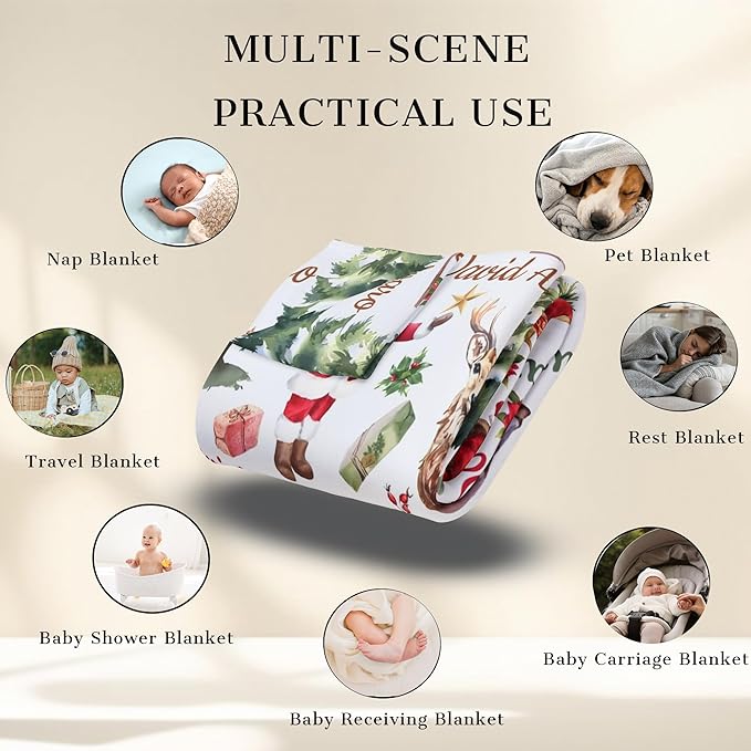 Ship Next Day - Custom Christmas Baby Blanket with Name | Multiple Styles Optional, Personalized Flannel Toddler Blanket, Christmas Swaddle for Boys & Girls, Xmas Decor Throw
