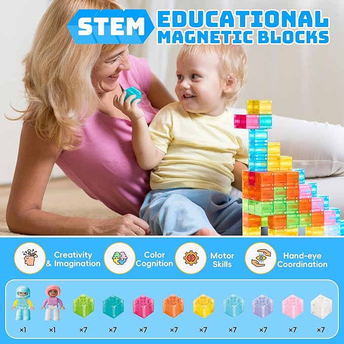 Magnetic Blocks Set, Magnet Building Blocks with Toy Figurine and Storage Bag for Kids Gifts, STEM Educational Preschool Sensory Toys for Toddlers Boys Girls Ages 3-12(Transparent)