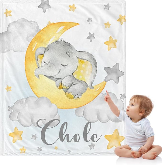 J&SBGFT Personalized Baby Blanket for Boys,Custom Baby Blanket with Name, Customized Name Blanket Receiving Blankets for Toddlers Kids Nursery Stroller Crib Decor Throw,Gray Elephant