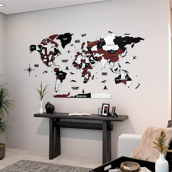 Colorfull Worlds 3D Wooden World Map Wall Art | Unique Wall Decor with Pins for Travel Enthusiasts | Home and Office Wall Décor | Burgundy | Medium