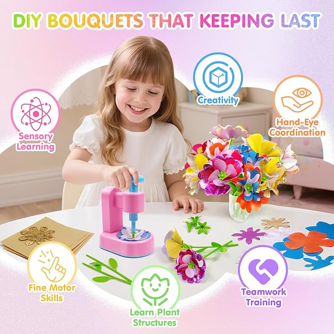 Jefunmore Flower Bouquet Toys, DIY Arts and Crafts for 3-8 Year Toddler Girl, Birthday Gifts for 3 4 5 6 7 8 9 Year Old Girls, Flower Crafts Kit for Kids for Preschool Learning and B-Day Gifts