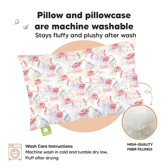 Toddler Pillow with Pillowcase - 13x18 My Little Dreamy Kids Travel Bed Pillows for Sleeping, Organic Cotton Small Pillowcase, Soft & Breathable, Machine Washable, Toddlers 2-5 Years Old (Fantasy)