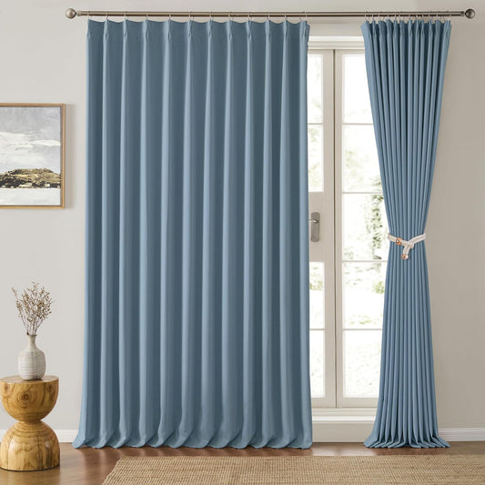 KEQIAOSUOCAI Dusty Blue Pleat Wide Width Drapes 80 x 102 inch Long 2 Panels - Thermal Insulated Room Divider Curtains for Bedroom/Living Room/Patio, Pinch Pleated Curtain Panel with Hooks