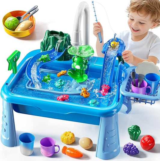 Water Table Play Sink Toy for Kids 2 3 4 5 6 Years Old - Outdoor Kitchen with Running Water, Fishing Games, Toddler Water Play Table for Kids Ages 3-8, Beach Outdoor Toys, Summer Gifts