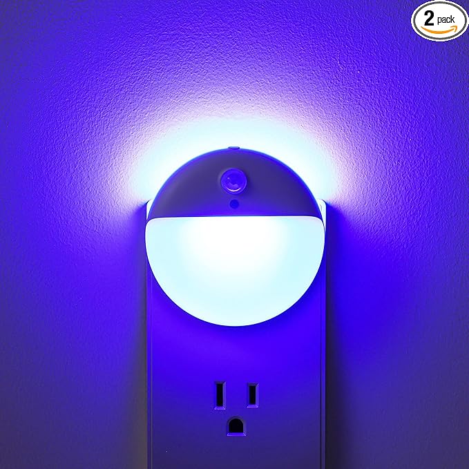 2 Pack Plug in Night Light, Dusk to Dawn, 3 Lighting Ways, Stepless Dimming, Auto On/Off Light Sensor, Blue LED Nightlight for Bathroom, Hallway, Stairs, Bedroom, Kitchen, Kids