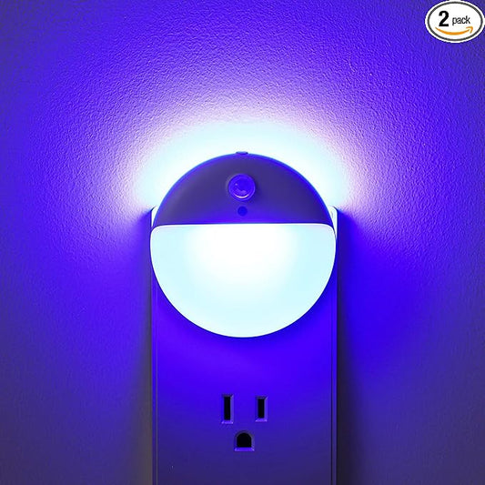 2 Pack Plug in Night Light, Dusk to Dawn, 3 Lighting Ways, Stepless Dimming, Auto On/Off Light Sensor, Blue LED Nightlight for Bathroom, Hallway, Stairs, Bedroom, Kitchen, Kids