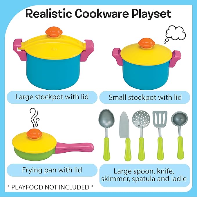 Small World Toys Kids Kitchen Playset, Pretend Play Cooking Toys with Play Pots, Pans, Utensils Cookware Toys, Toddler Kitchen Set for 3+, 11 Pcs Play Kitchen Set Learning Gift for Girls Boys