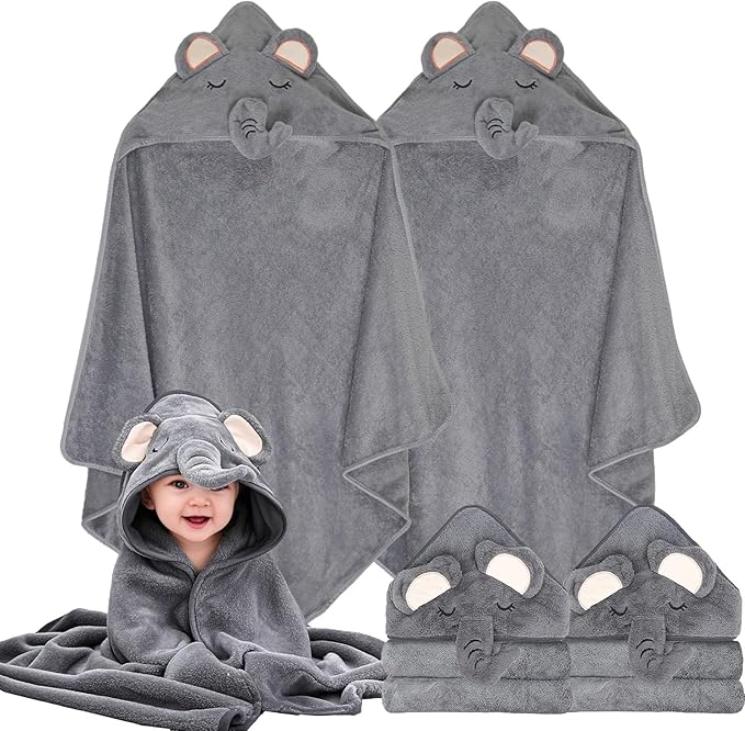 2 Pack Toddler Towels with Hood for Boys Girls, Soft Hooded Baby Bath Towels, Coral Fleece Thick Shower Bath Towel for Newborn(Gray)