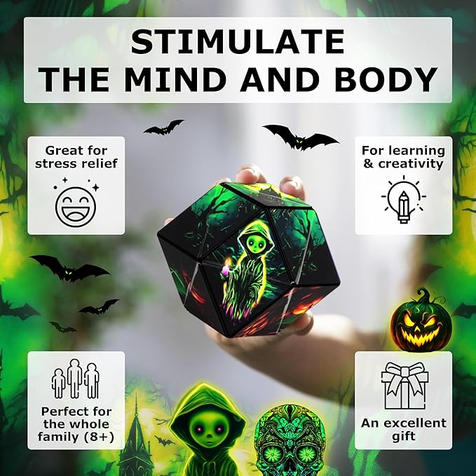 Shashibo Seasonal Halloween - Shape Shifting Box - Award-Winning, Patented Magnetic Puzzle Cube w/ 36 Rare Earth Magnets - Fidget Transforms Into Over 70 Shapes (Ghastly Jack) - Limited Edition