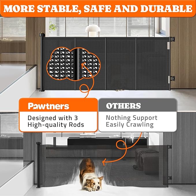 Pawtners Retractable Baby Gates Extra Wide, 41" Tall Extends up to 71" Wide, Dog Gate Indoor for Stairs, Pet Gate with Support Rods for Doorways Hallways Indoor & Outdoor-Black