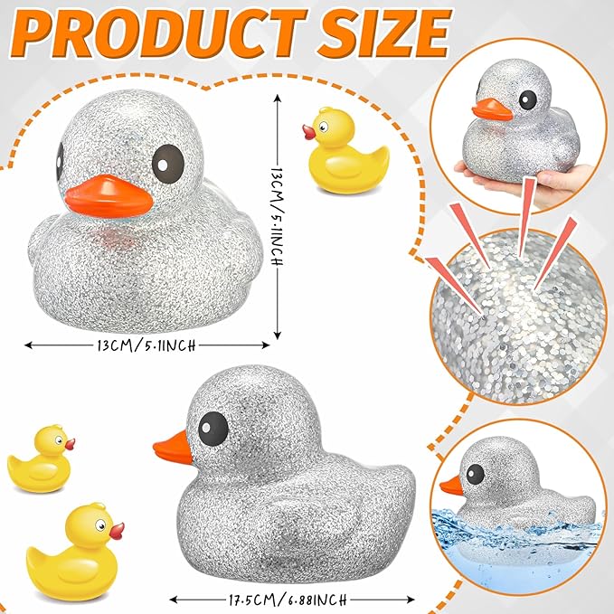 Honoson 6.89 Inch Giant Glitter Rubber Duck Big Glitter Rubber Duck Large Sparkly Duckling Bath Toy with Squeaky Sound for Summer Baby Shower Birthday Party Favor Gift(Silver)