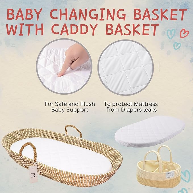 ZEAL'N LIFE Seagrass Baby Changing Basket Set – Portable Diaper Changing Station for Dresser & Table | Waterproof Changing Pad, Baby Towel & Diaper Caddy | Nursery Changing Table & Baby Gift Idea