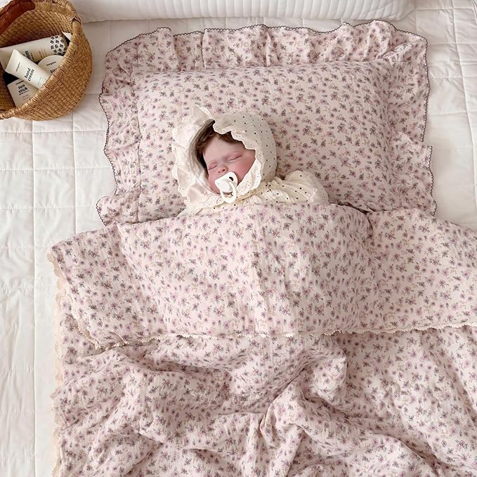 BuLuTu Purple Floral Muslin Cotton Toddler Pillowcases with Ruffles, 1 pc, 14"x20", Oeko-TEX Certified Gauze Muslin Pillow Cover for Girls Boys Crib Size Pillow Cases for All Seasons