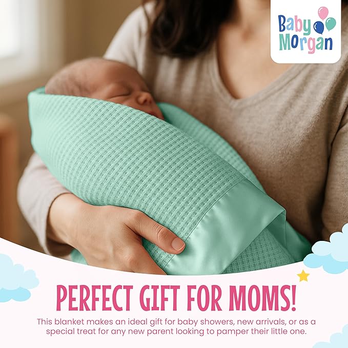 Blankets - Thermal Waffle Warm Baby Blanket for Crib - Soft and Cozy Baby Crib Blanket for Nursery, Stroller, or Naptime Comfort - Ideal Shower Gift - Mint Green, Satin Trim (36" x 50")
