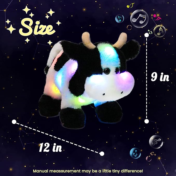 Hopearl LED Musical Stuffed Cow Lighting Up Singing Plush Toy Adjustable Volume Lullaby Animated Soothe Birthday Festival for Kids Toddler Girls, 12''