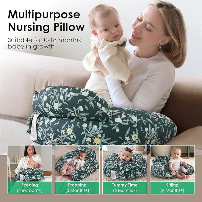 Nursing Pillow for Breastfeeding, Original Breastfeeding Pillows for Support Mom and Baby, Nursing Pillows with Adjustable Waist Strap, Pocket and Removable Soft Cover, Dark Green