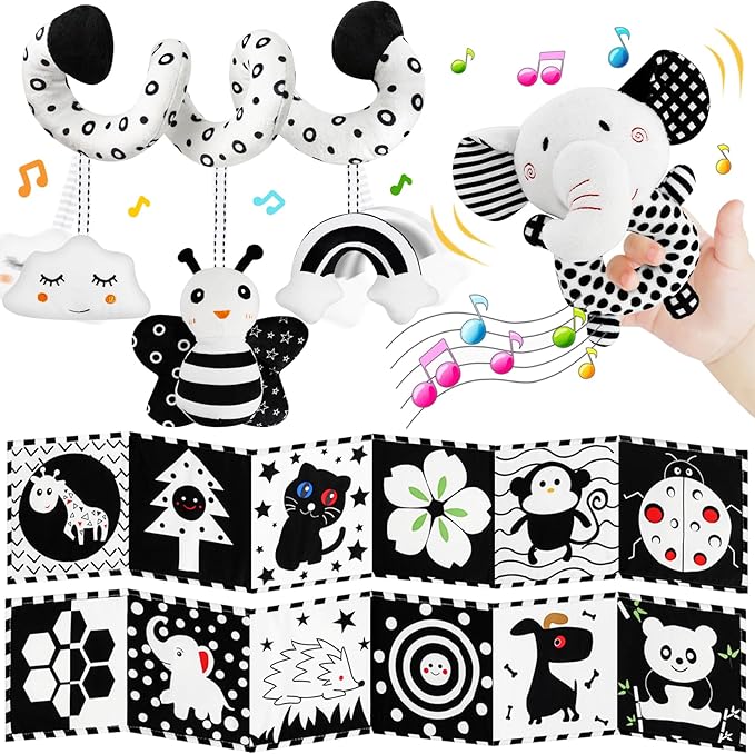 Car Seat Toys for Babies 0-6 Months,Hanging Rattle Toys for Crib Mobile, Baby Spiral Hanging Stroller Black and White High Contrast Toys for Newborn 0 3 6 9 12 Months Baby Boys Girls (Set-1)