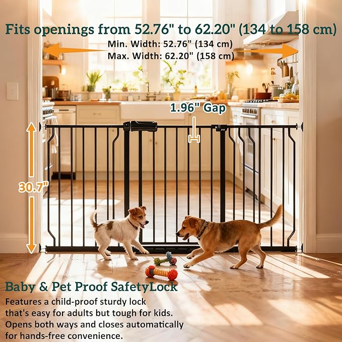 Extra Wide Baby Gates for Doorways 52.76"-62.20" Extra Wide Baby Gate Dog gate Pressure Mounted No Drilling with Walk-Through, Auto-Close & Dual-Direction Swing for Large Wide Opening Black