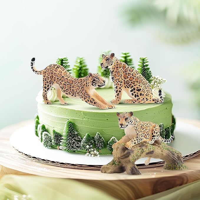 Toymany 7PCS Jaguars Figurines with Jaguars Cub and Tree Trunk, Realistic Jungle Animals Figures Family Playset, Educational Toy Cake Toppers