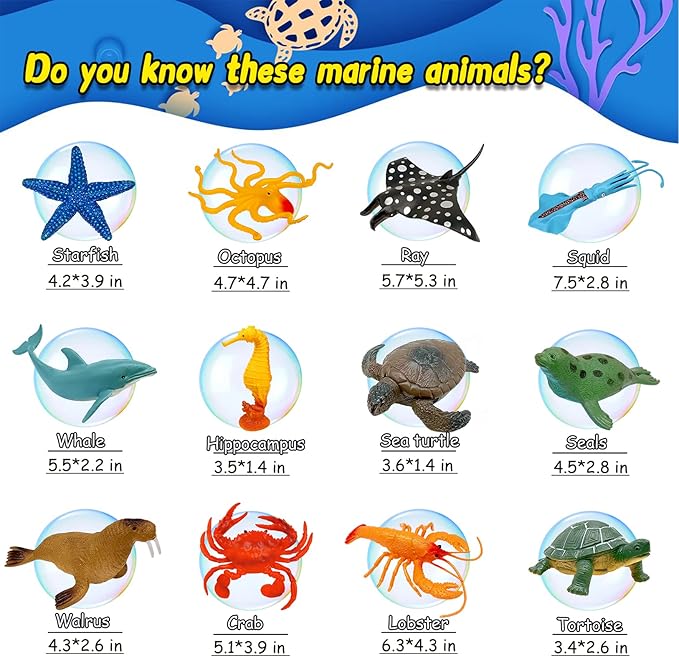 Ocean Sea Animal Figures, 12 Pack Realistic Soft Plastic Bath Toys for Toddlers, Kids, Boys, and Girls